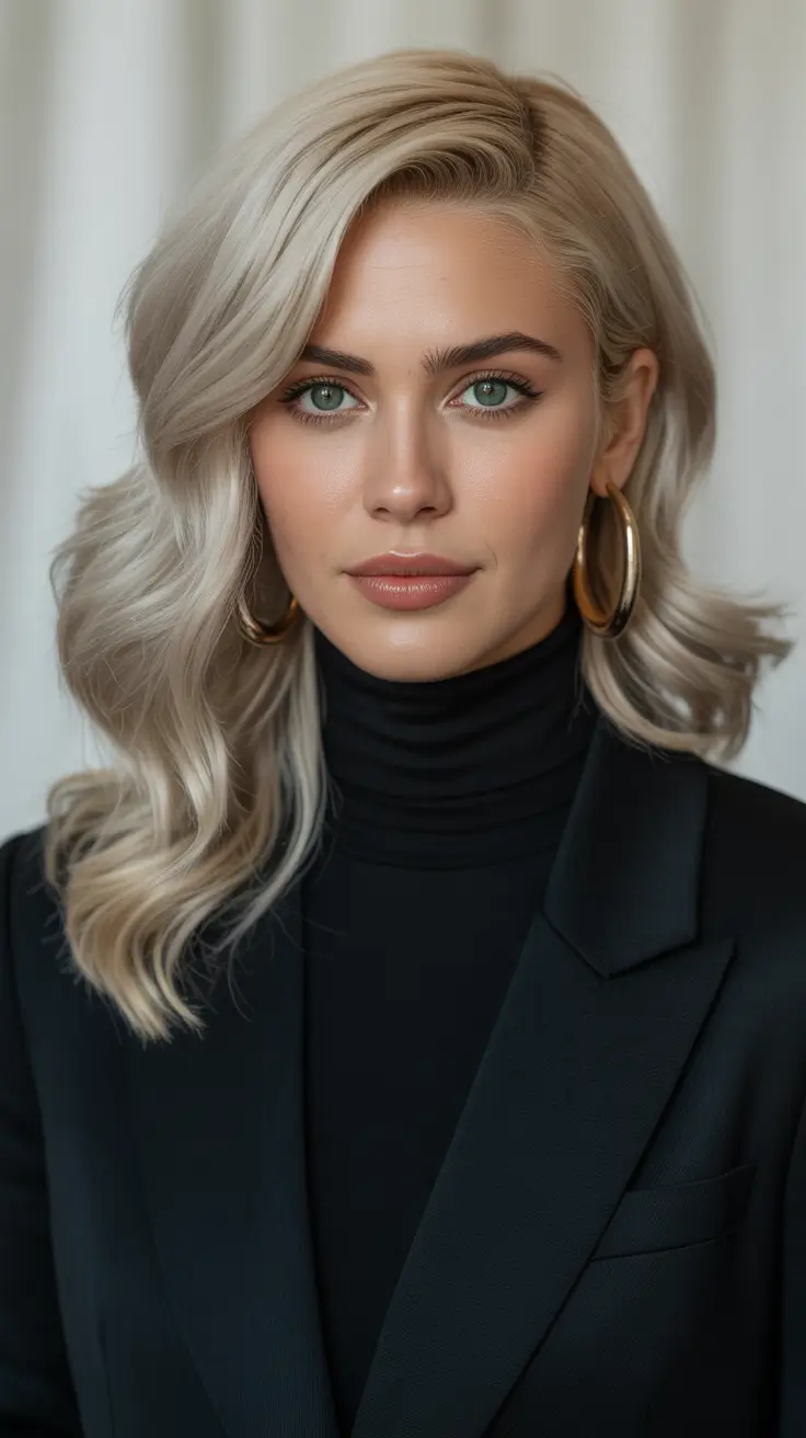 Stylish Medium Length Haircuts 2026 Polished Platinum Luxe Waves with Depth