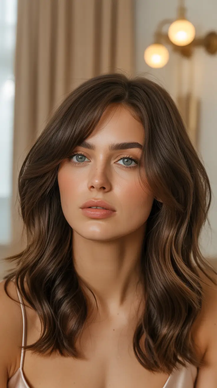 Stylish Medium Length Haircuts 2026 Effortless Sophistication Brunette Layers with Curtain Bangs