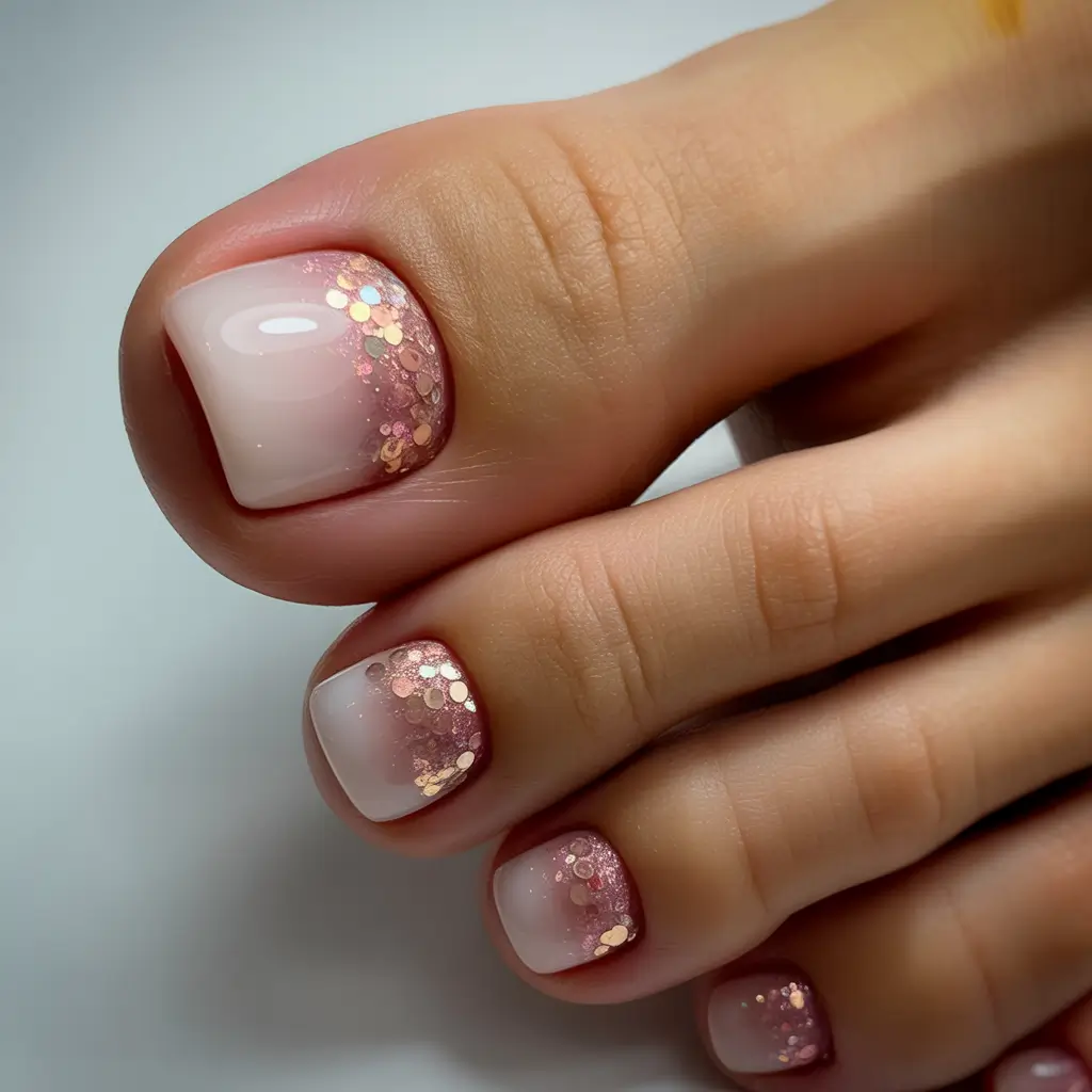 toe nail designs 2026 Soft Glow With Rosy Glitter Mist