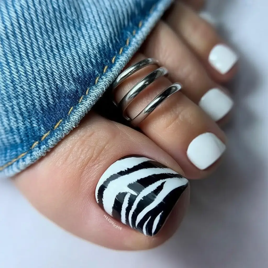 toe nail designs 2026 Bold Zebra Contrast in Black and White