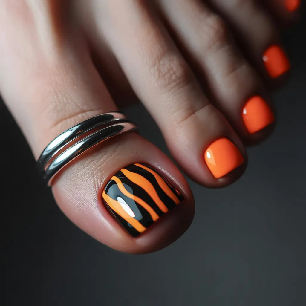 toe nail designs 2026 Vibrant Orange With Sleek Black Waves