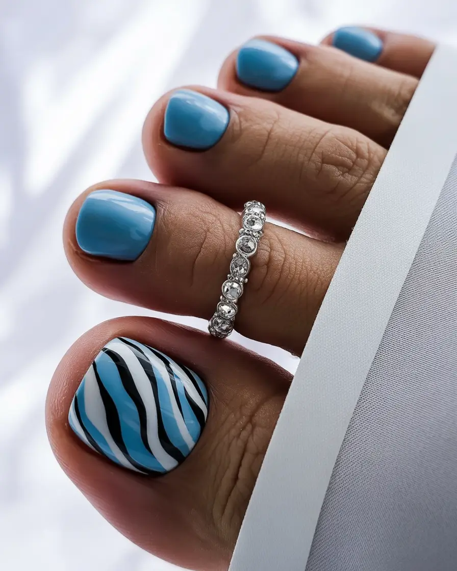 toe nail designs 2026 Blue Zebra Lightness With a Summer Breeze