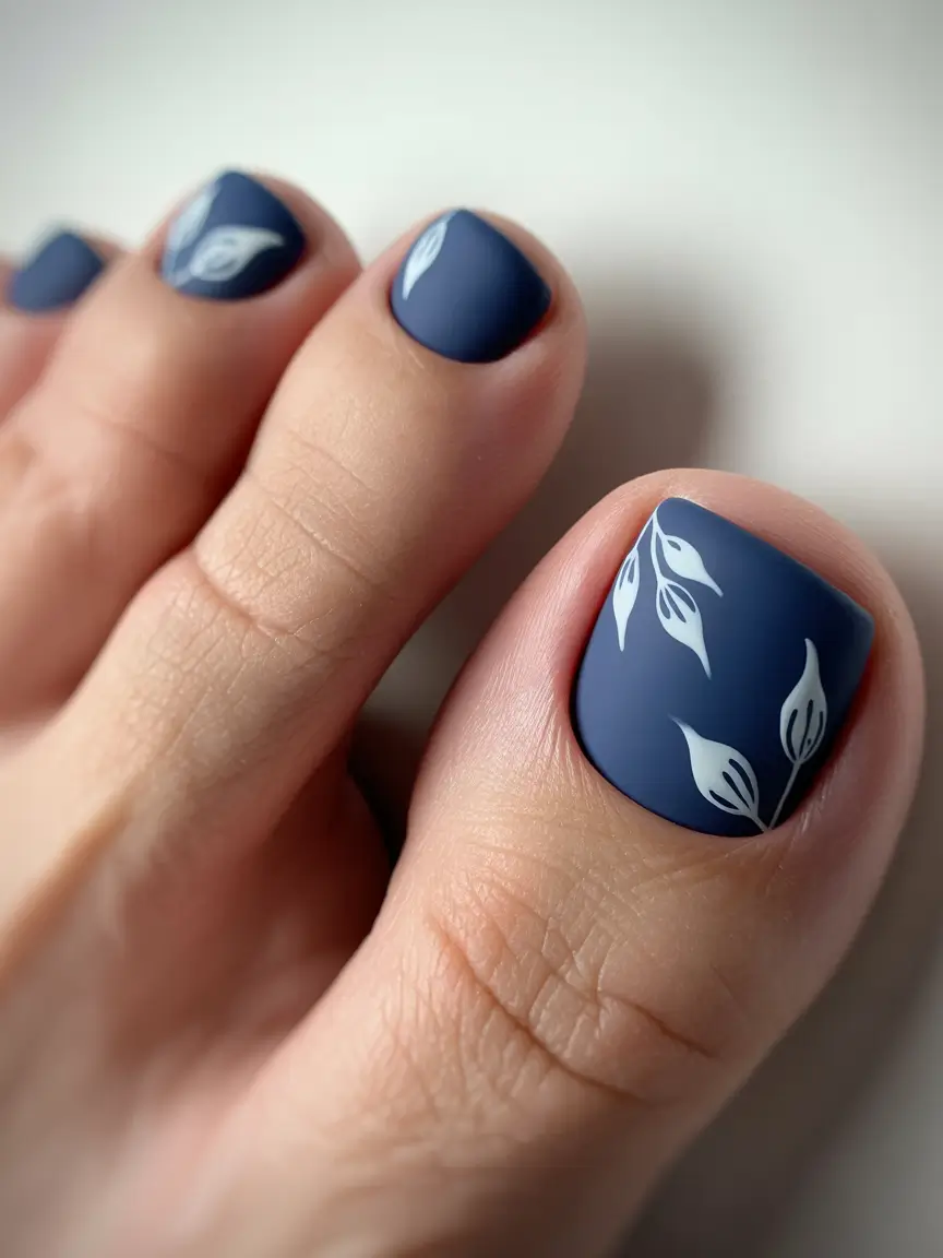 toe nail designs 2026 Matte Navy Elegance With Leaf Accents