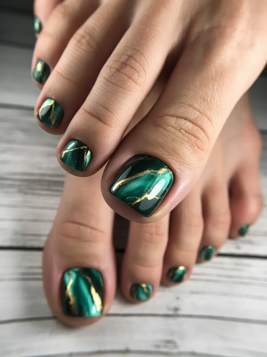 toe nail designs 2026 Emerald Marble With Gold Veining