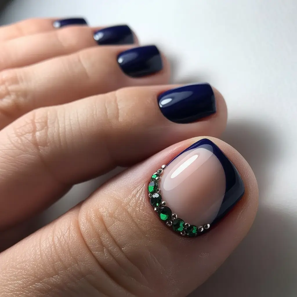 toe nail designs 2026 Midnight Blue Elegance With Emerald Accents