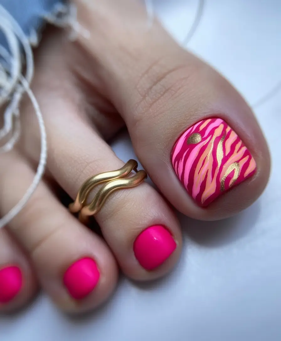 toe nail designs 2026 Vibrant Pink Safari Lines