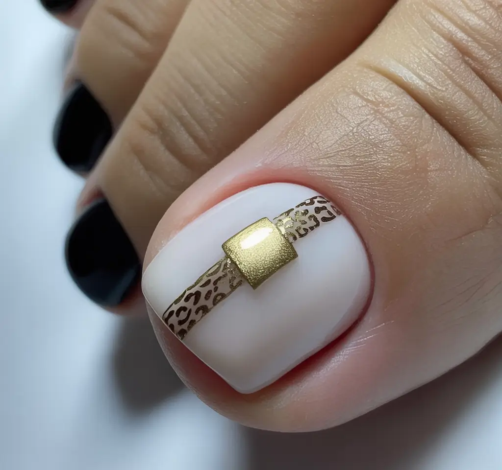 toe nail designs 2026 Chic White Ribbon With Leopard Detail