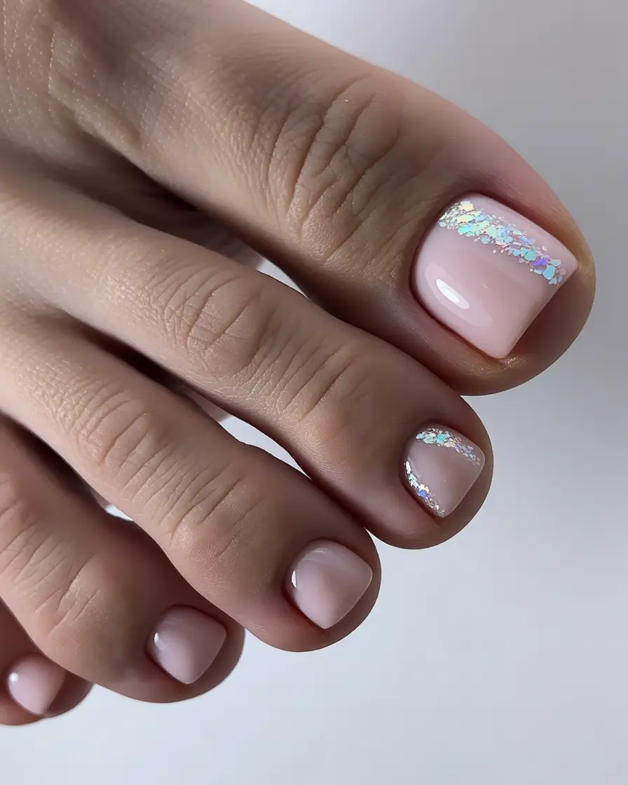 toe nail designs 2026 Iridescent Shimmer on Soft Blush
