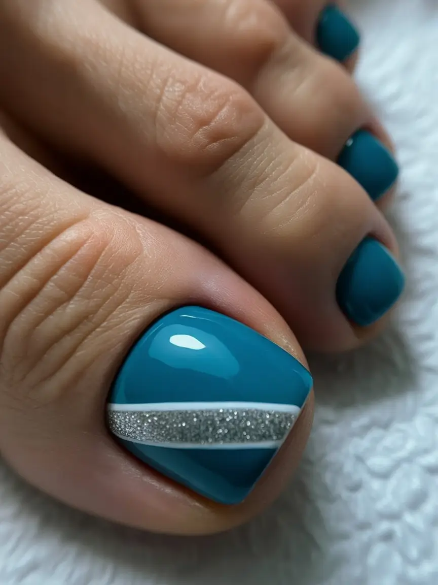 toe nail designs 2026 Teal Waves With Silver Precision