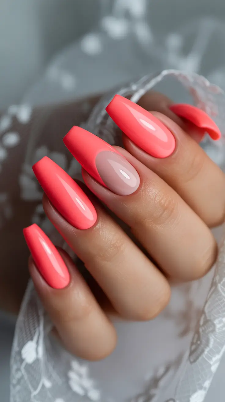 trending nail colors 2026 Coral Glow Statement