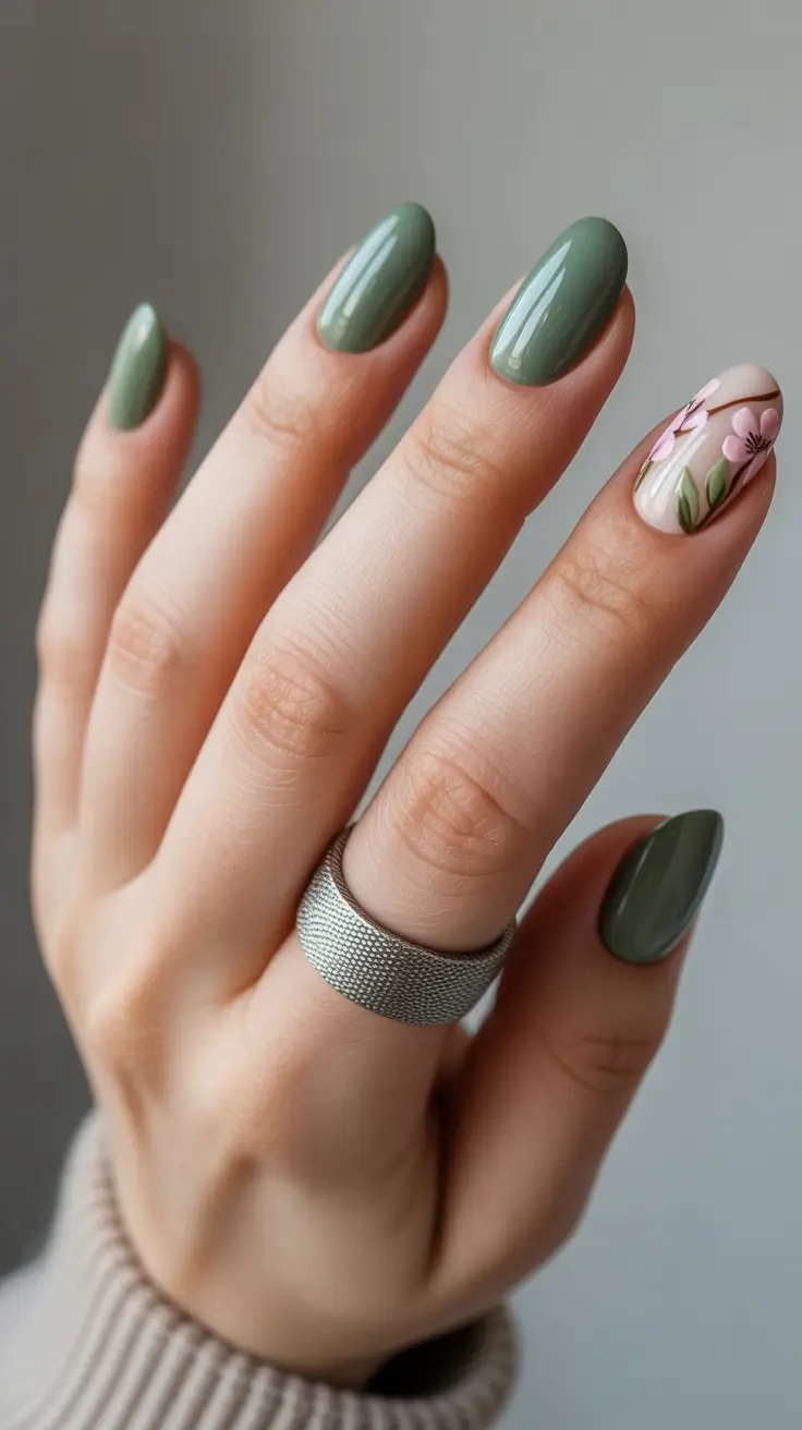 trending nail colors 2026 Soft Sage With Floral Accents