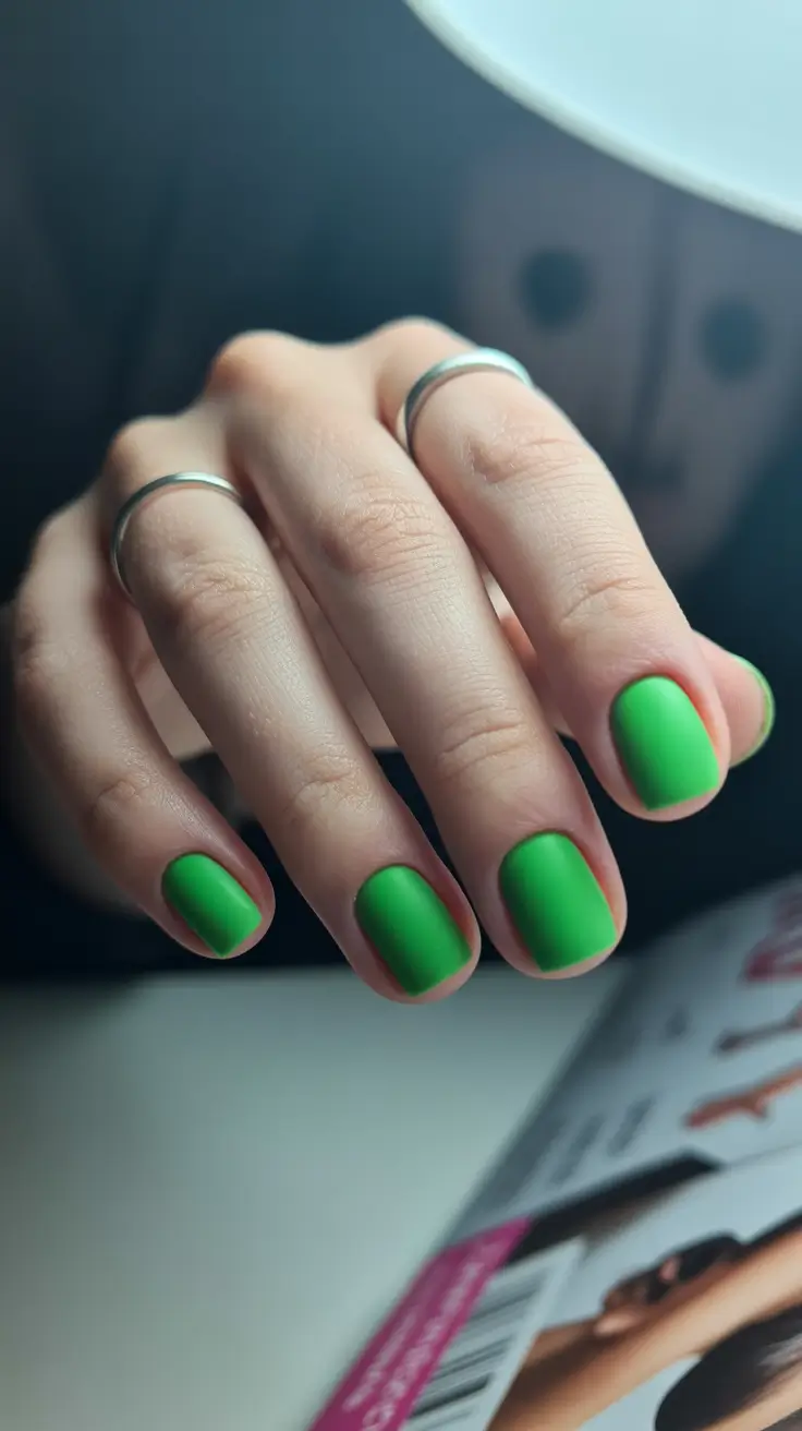 trending nail colors 2026 Matte Neon Green Minimalism