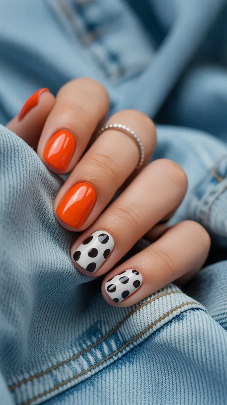 trending nail inspo 2026 Retro Polka Pop in Black and Tangerine