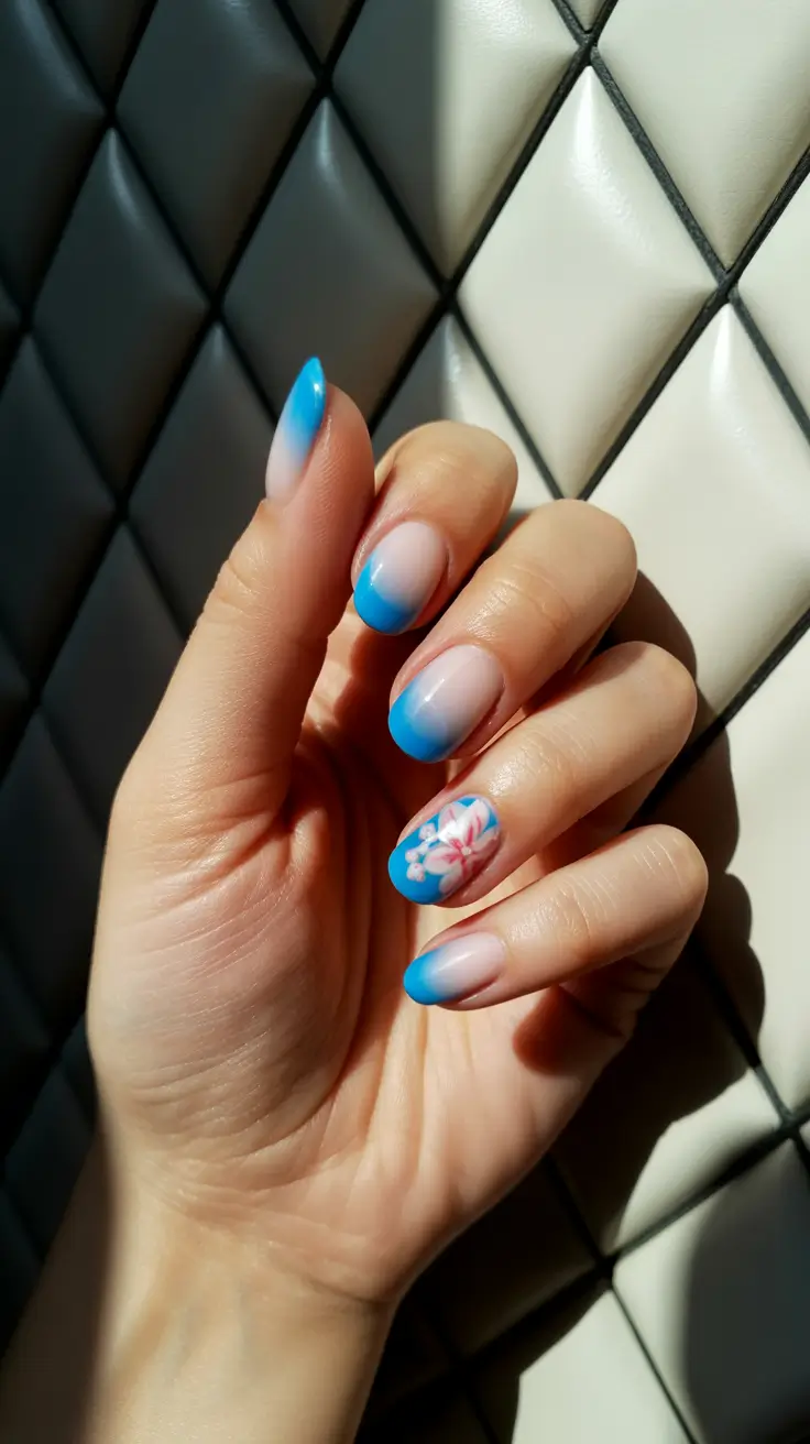 trending nail inspo 2026 Blue Breeze French Fade with Floral Touch