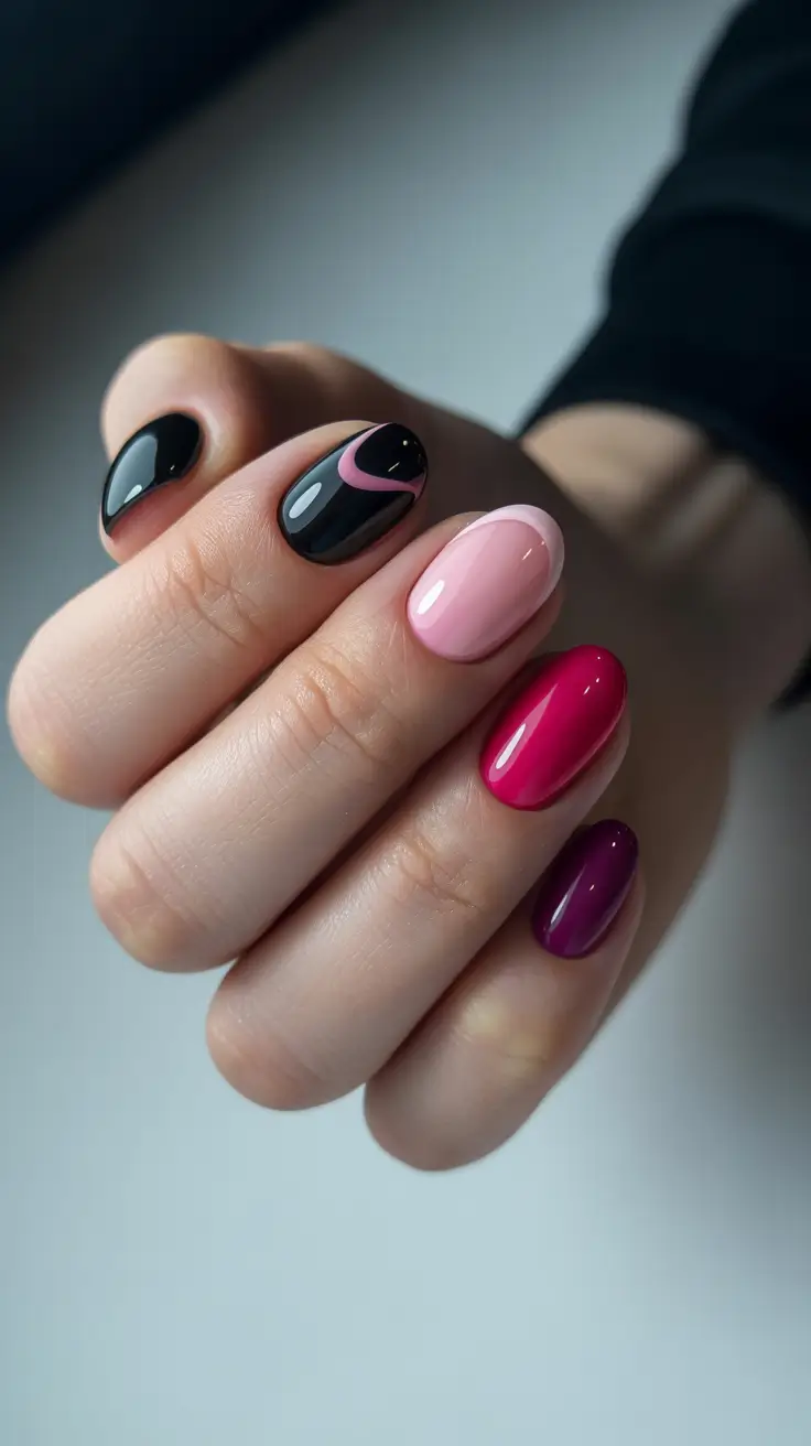 trending nail inspo 2026 Moody Glam in Pink and Black