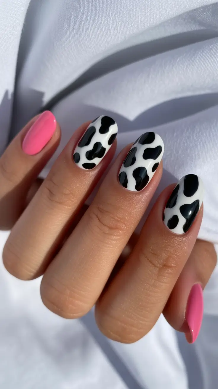trending nail inspo 2026 Cow Print Pop with Cotton Pink