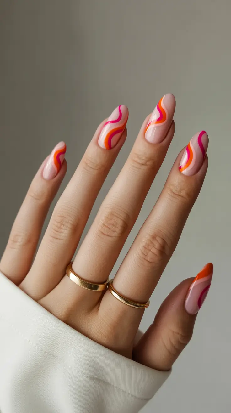 trending nail inspo 2026 Sunset Waves in Pink and Tangerine