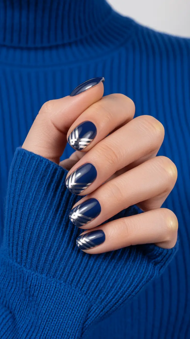 trending nail inspo 2026 Midnight Blue Metal Lines
