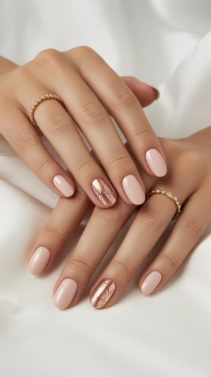 trending nail inspo 2026 Rose Quartz Neutral with Gold Veins