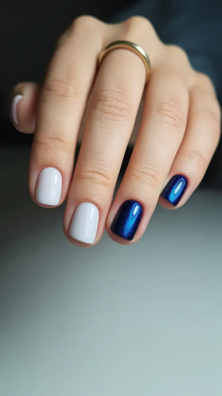 trending nail inspo 2026 Blue and White Contrast Chic