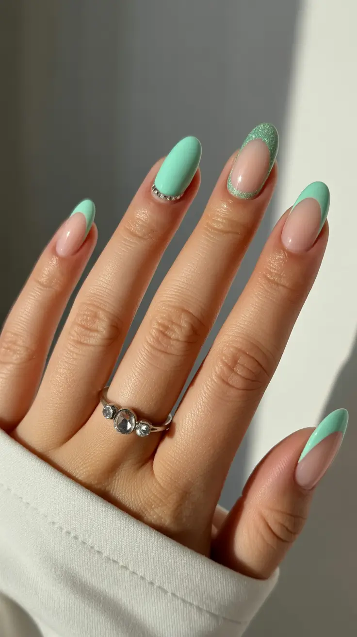 Trendy almond nails 2026 Mint Whisper French Accents
