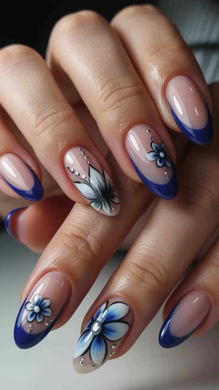 Trendy almond nails 2026 Blue Petal French Drama