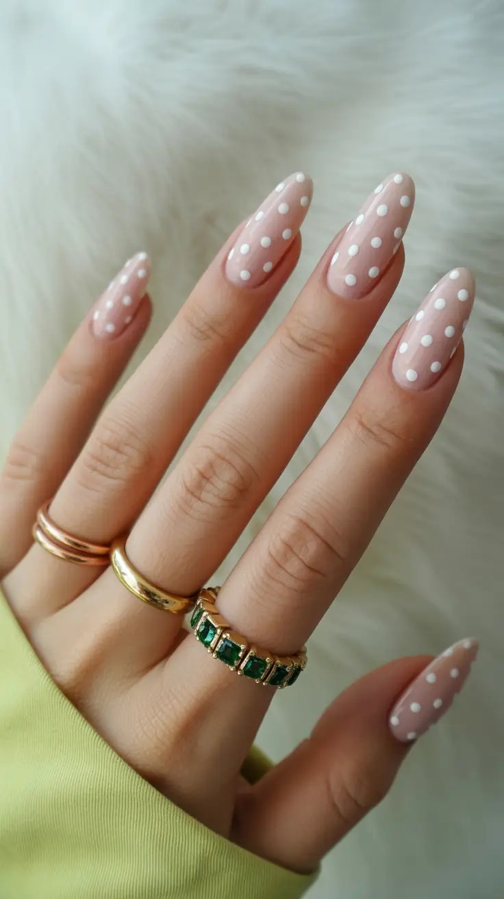 Trendy almond nails 2026 Soft Polka-Dot Almond Whimsy