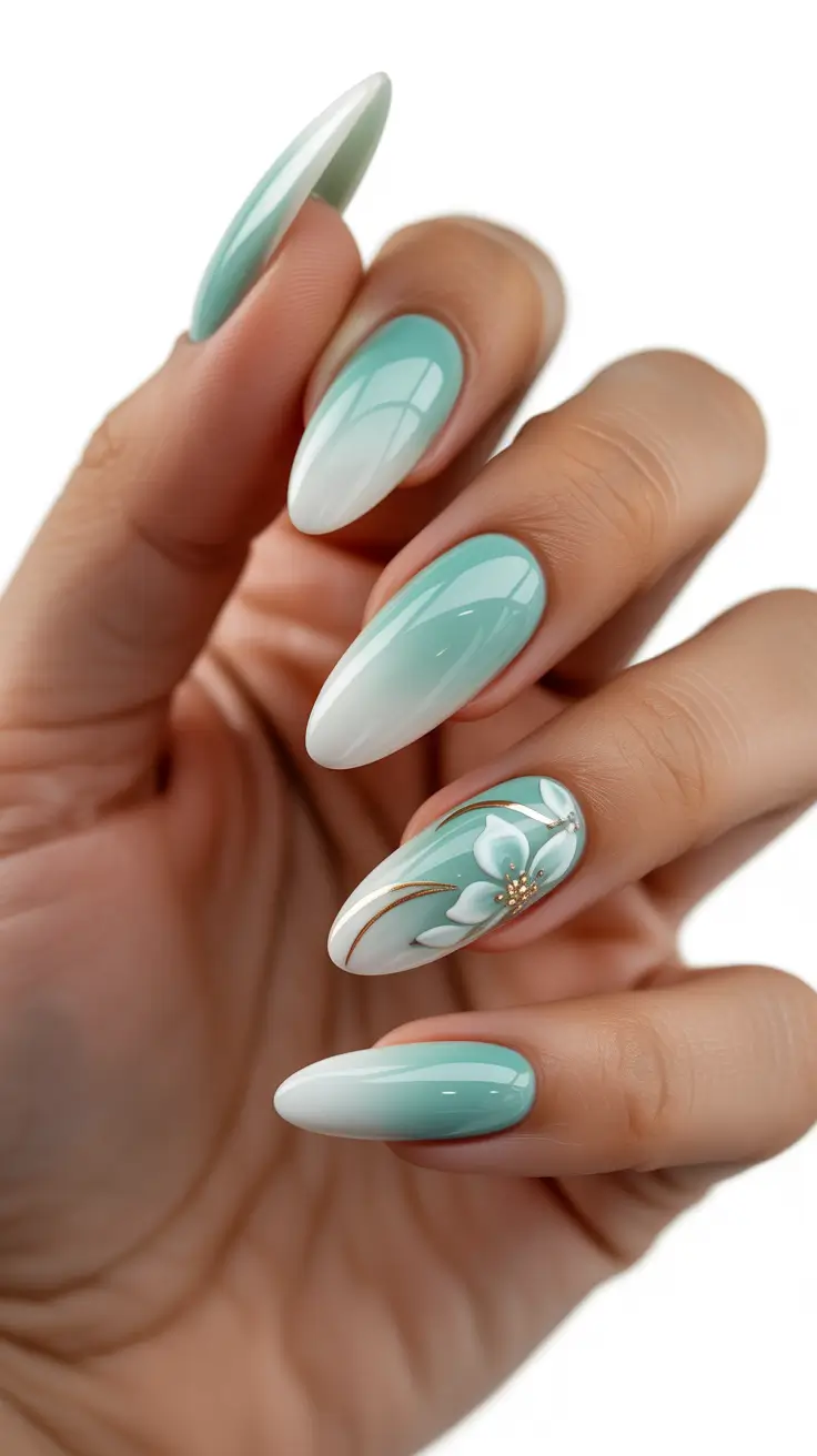 Trendy almond nails 2026 Mint-White Ombre Petal Serenity