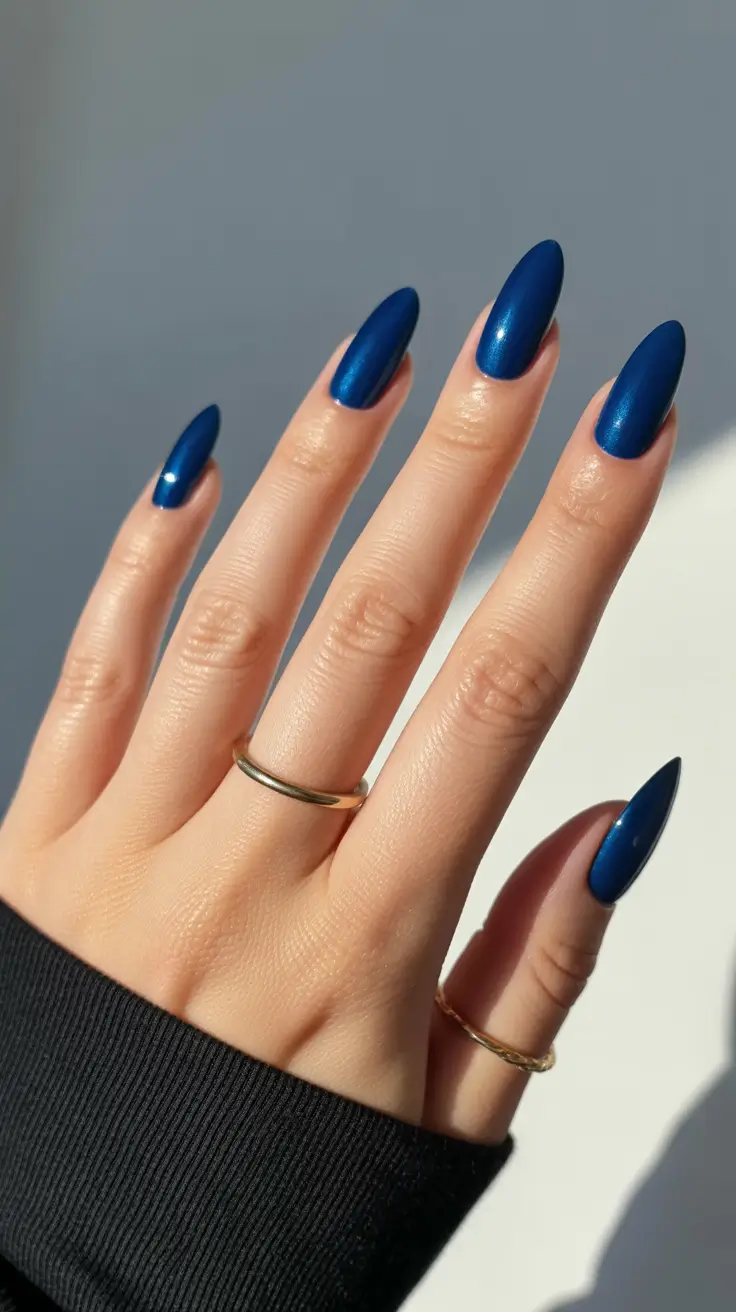 Trendy almond nails 2026 Midnight Sapphire Almond Minimalism