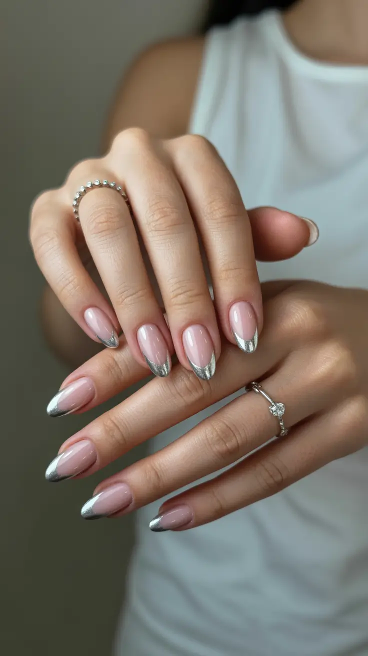Trendy almond nails 2026 Silver Melted French Tips