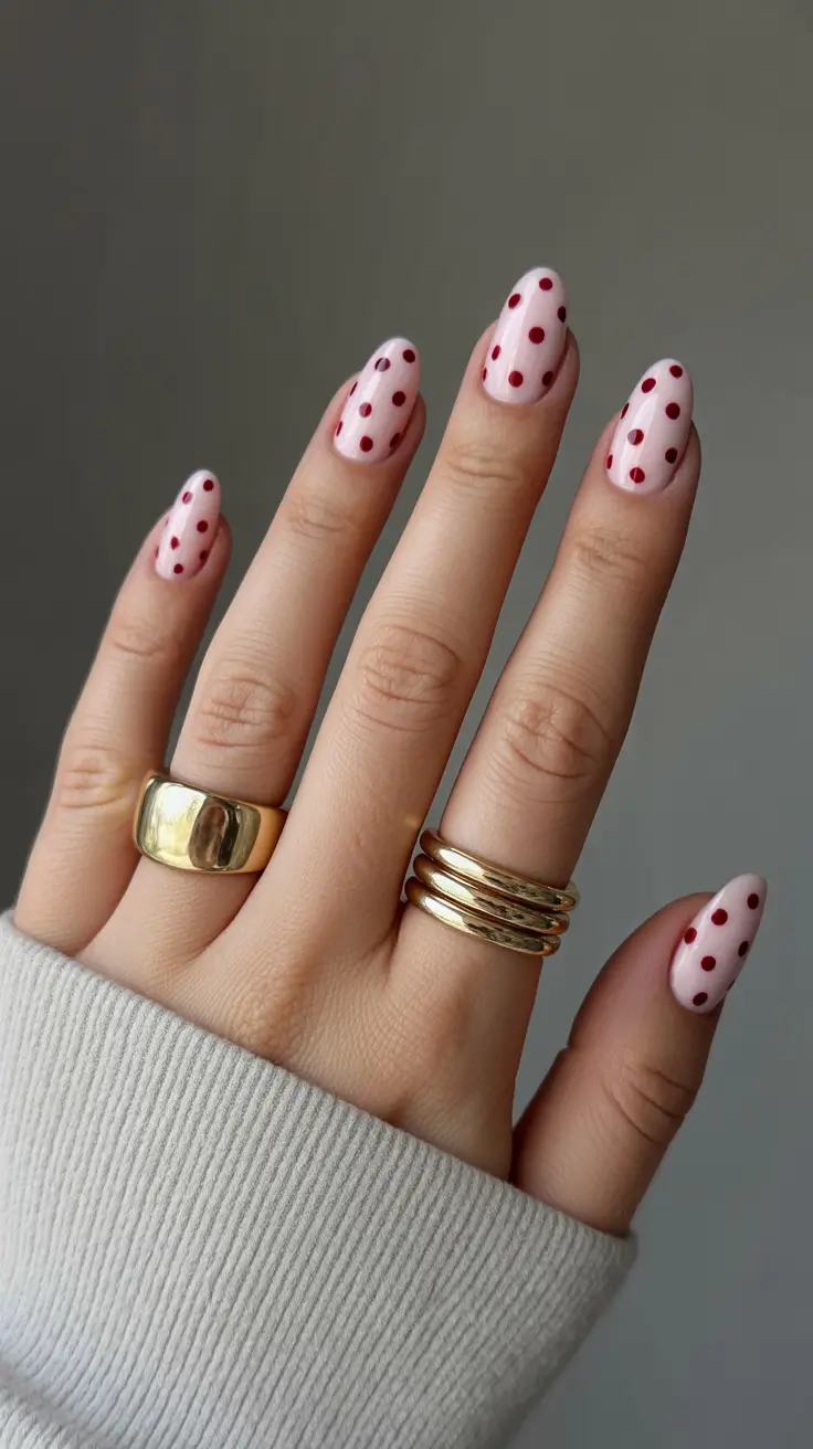 Trendy almond nails 2026 Red Dot Retro Almond Charm