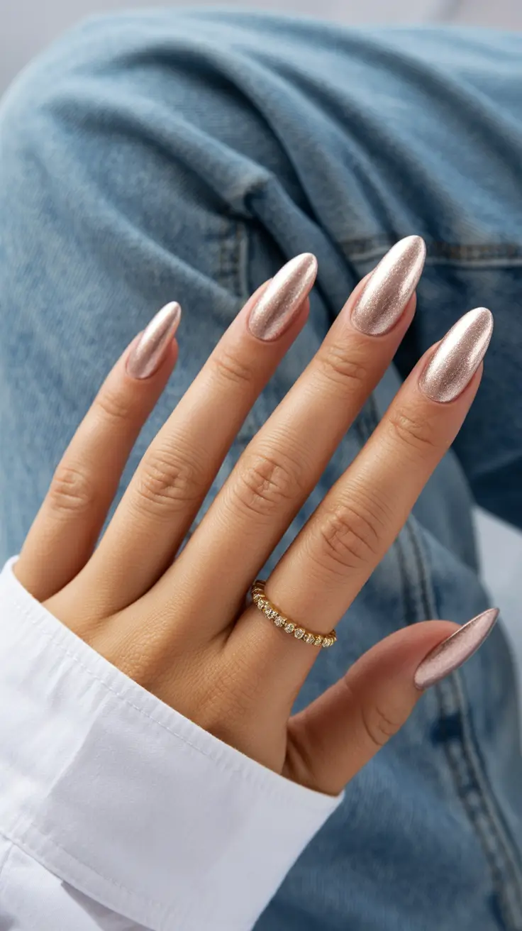Trendy almond nails 2026 Rose Chrome Almond Glow