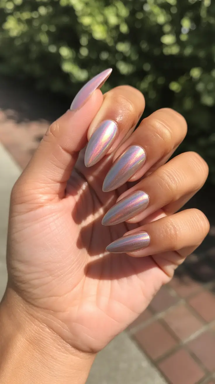 Trendy almond nails 2026 Pearlescent Chrome Glow Almonds