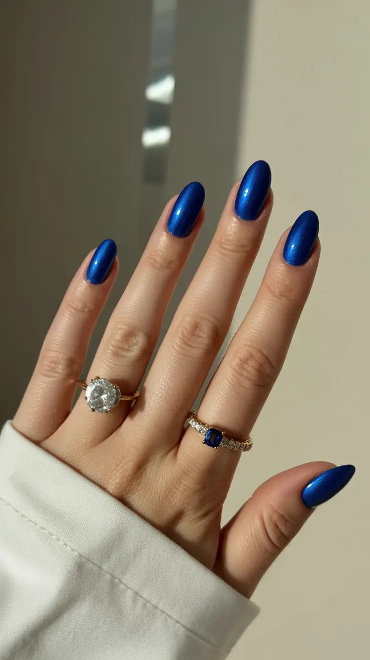 Trendy almond nails 2026 Deep Sapphire Almond Shine