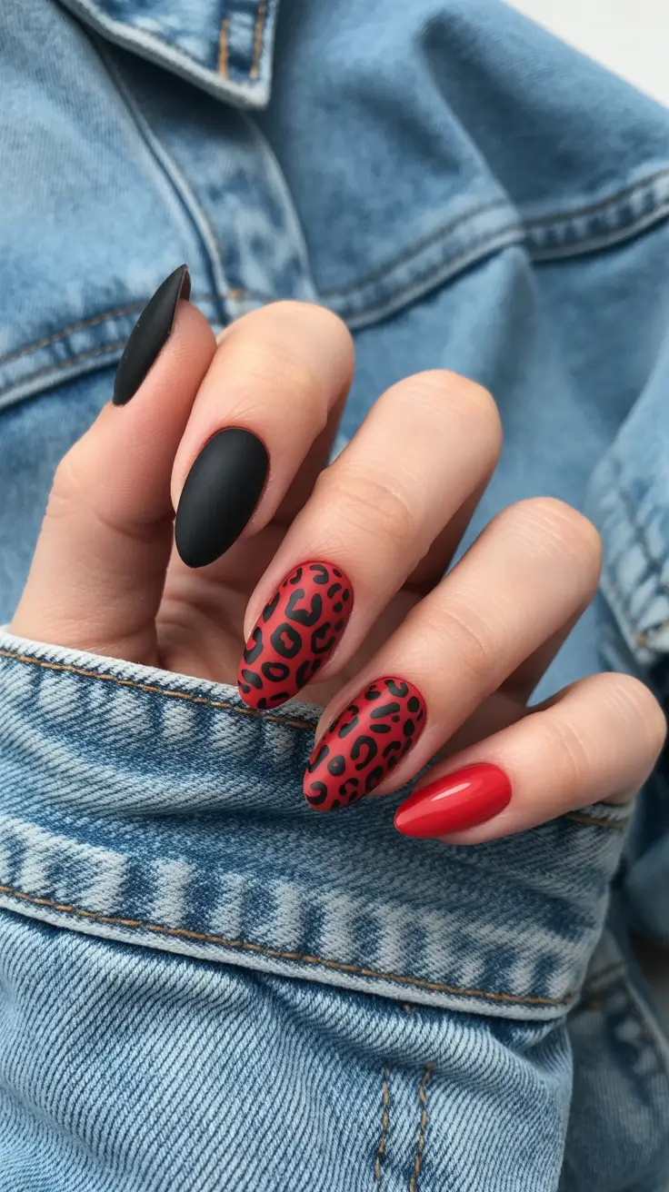 Trendy almond nails 2026 Wild Red and Black Mix Almonds