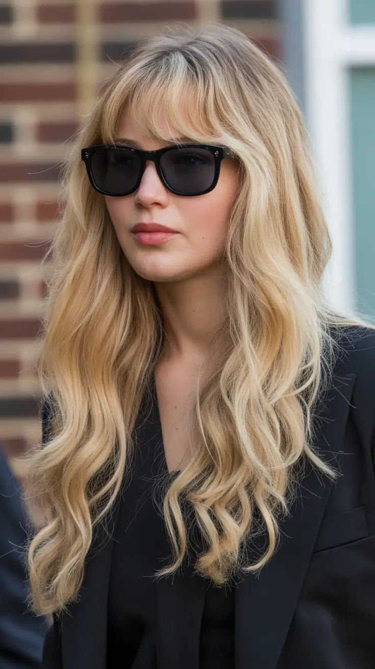 haircuts with bangs 2026 Golden Long Waves With Airy Bangs