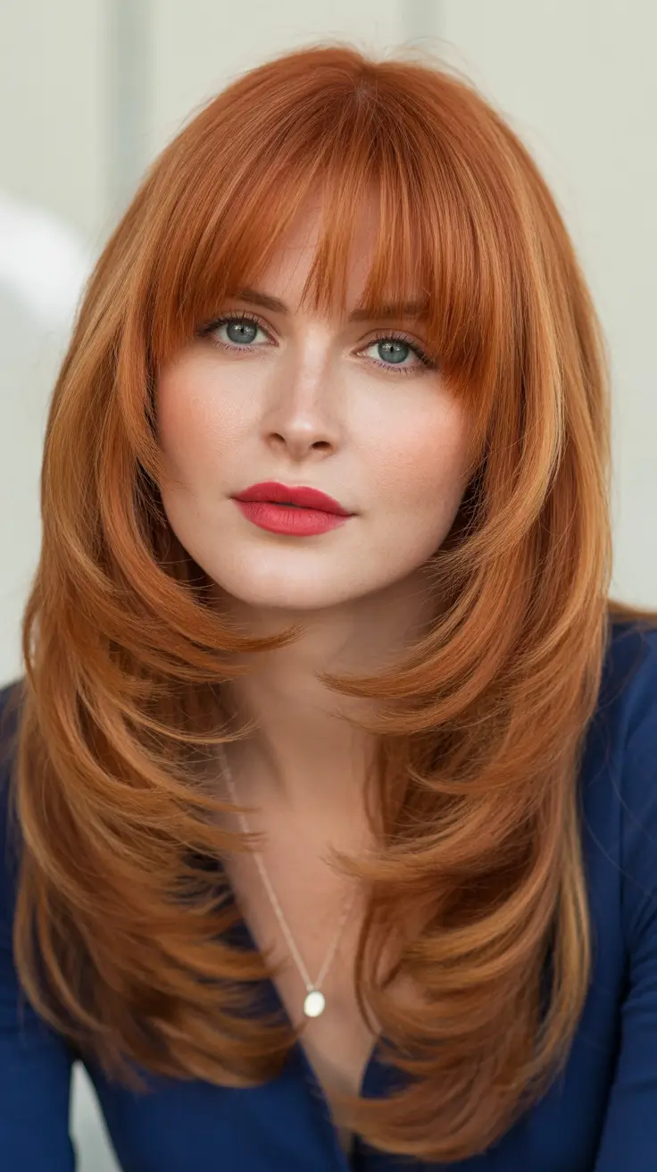 haircuts with bangs 2026 Fiery Layered Red With Full Fringe