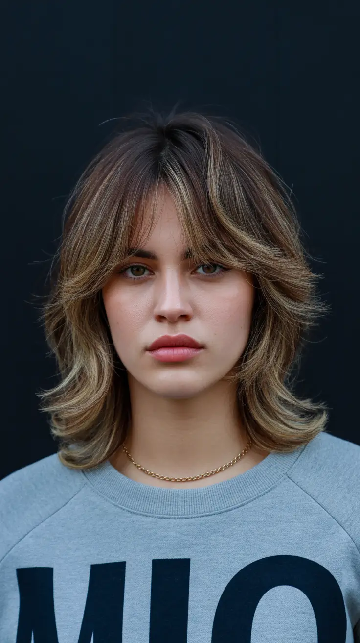 haircuts with bangs 2026 Layered Midi Shag With Subtle Volume