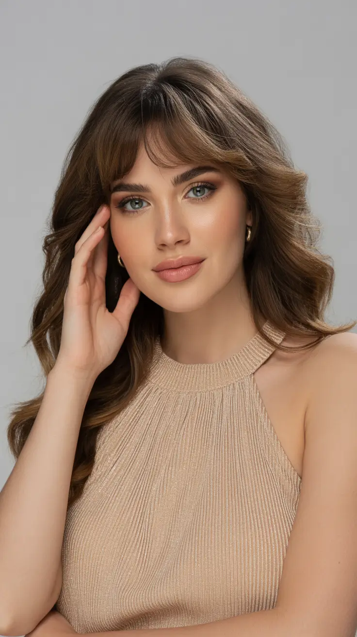 haircuts with bangs 2026 Romantic Waves With Soft Curtain Fringe