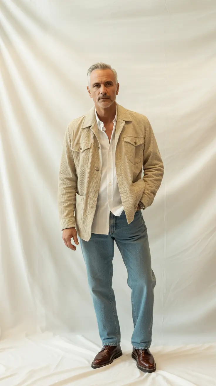 Trendy Outfits for Men Over 50 2026 Corduroy and Denim Revival