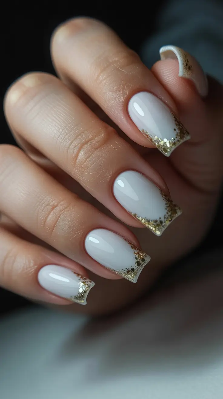 wedding nail designs for bride 2026 White Nails With Gold Glitter French Tips