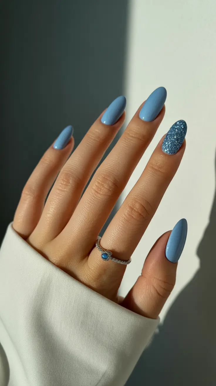 wedding nail designs for bride 2026 Pastel Blue Almond With a Single Glitter Accent