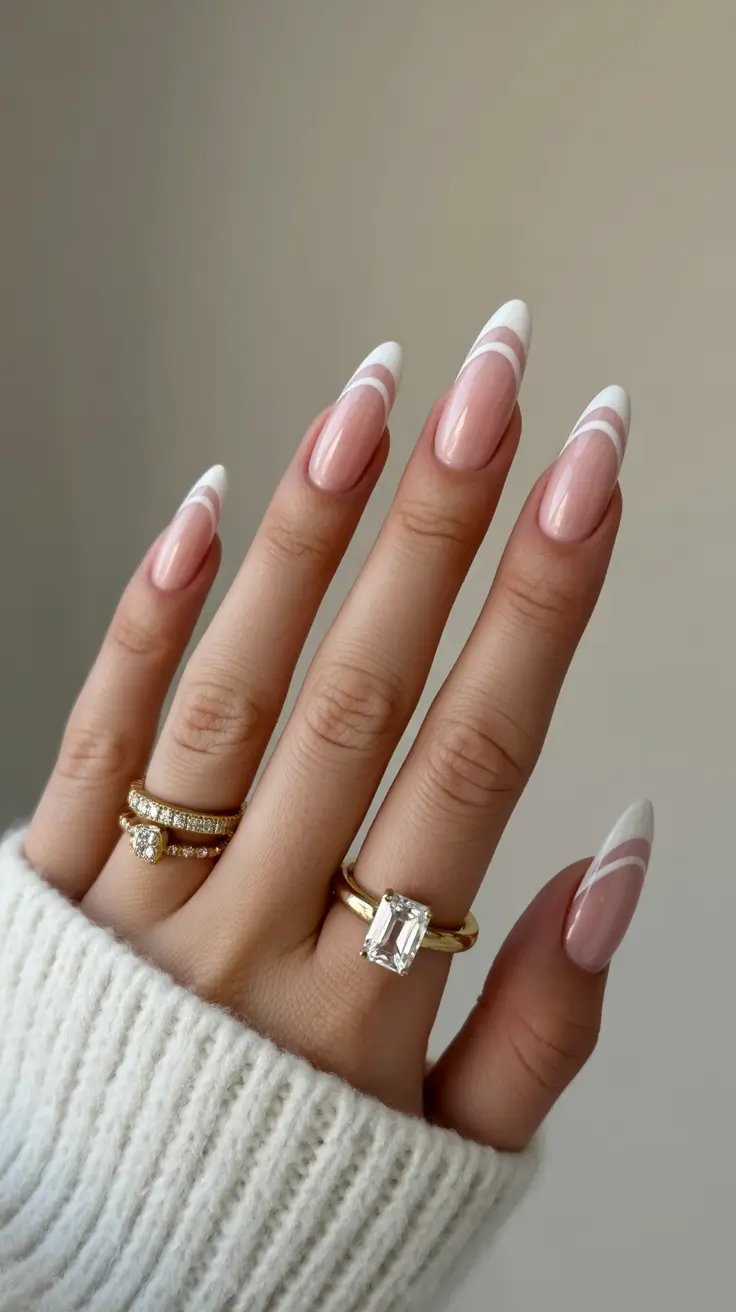 wedding nail designs for bride 2026 Layered White French With Curved Contour Lines