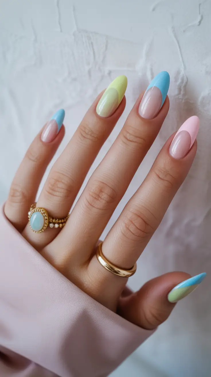 wedding nail designs for bride 2026 Soft Pastel Color-Block Almond in Blue Pink and Yellow