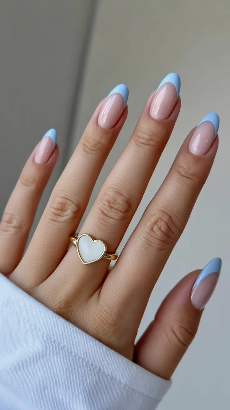 wedding nail designs for bride 2026 Soft Blue French Almond With a Modern Curve