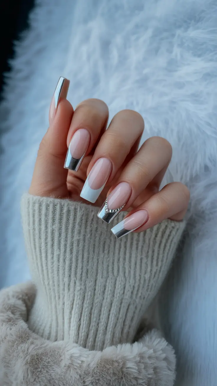 wedding nail designs for bride 2026 Silver Mirror French With Sculpted Accents