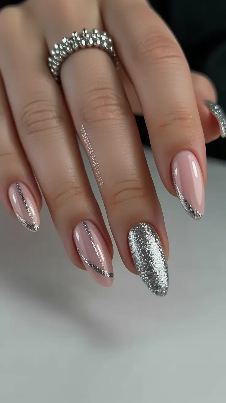 wedding nail designs for bride 2026 Silver Glitter Almond With Diagonal Sparkle Lines
