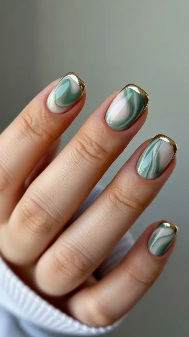 wedding nail designs for bride 2026 Green Marble Swirl With Golden Framing