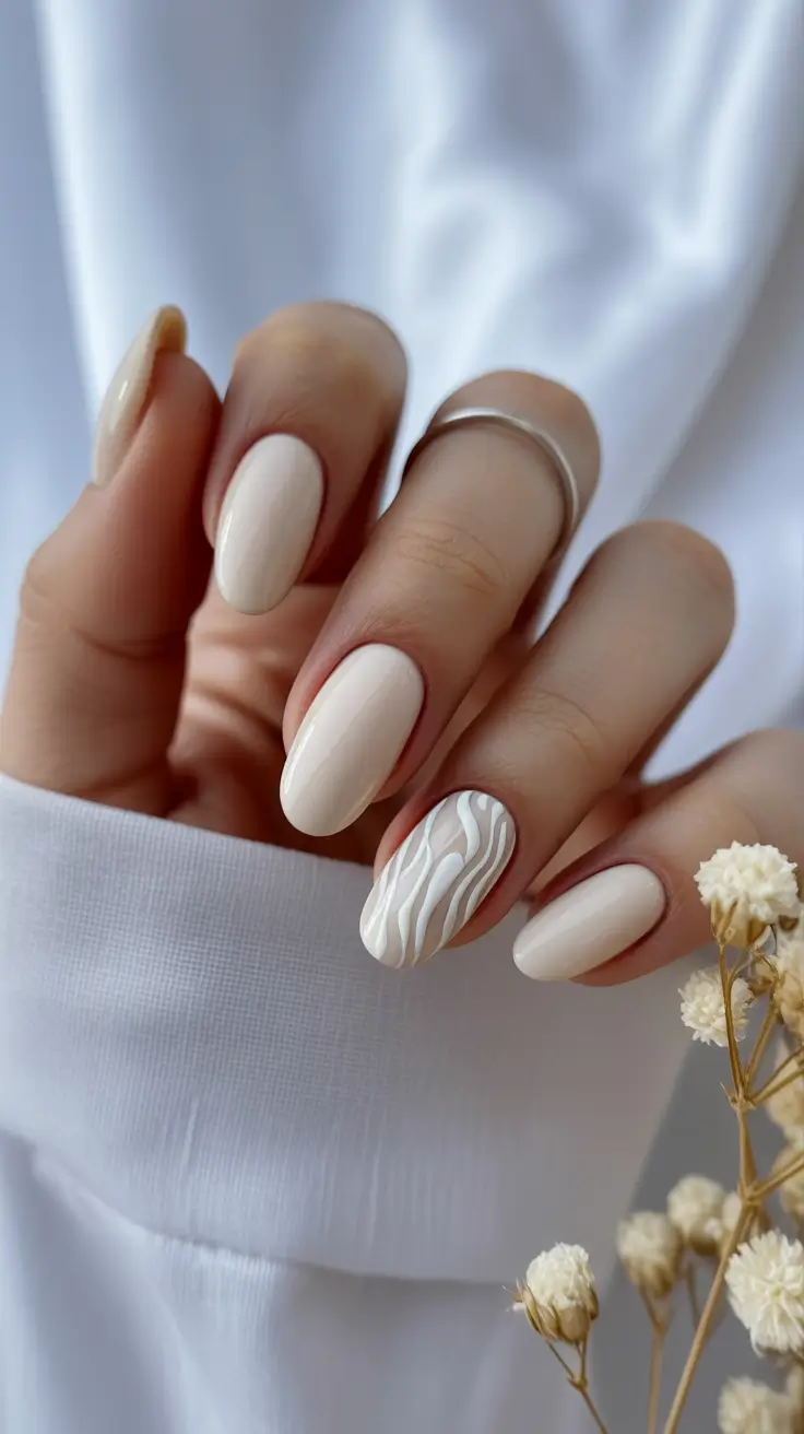 wedding nail designs for bride 2026 Creamy White Almond With Raised 3D Texture Accent