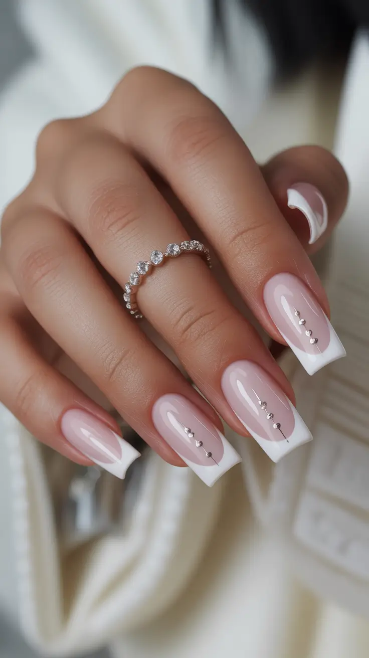 wedding nail designs for bride 2026 Classic Soft Square French With Vertical Crystal Accents